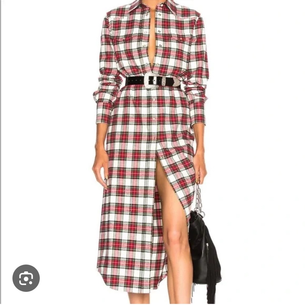 R13 Red and White Long Sleeve Shirt Dress with Tie Front